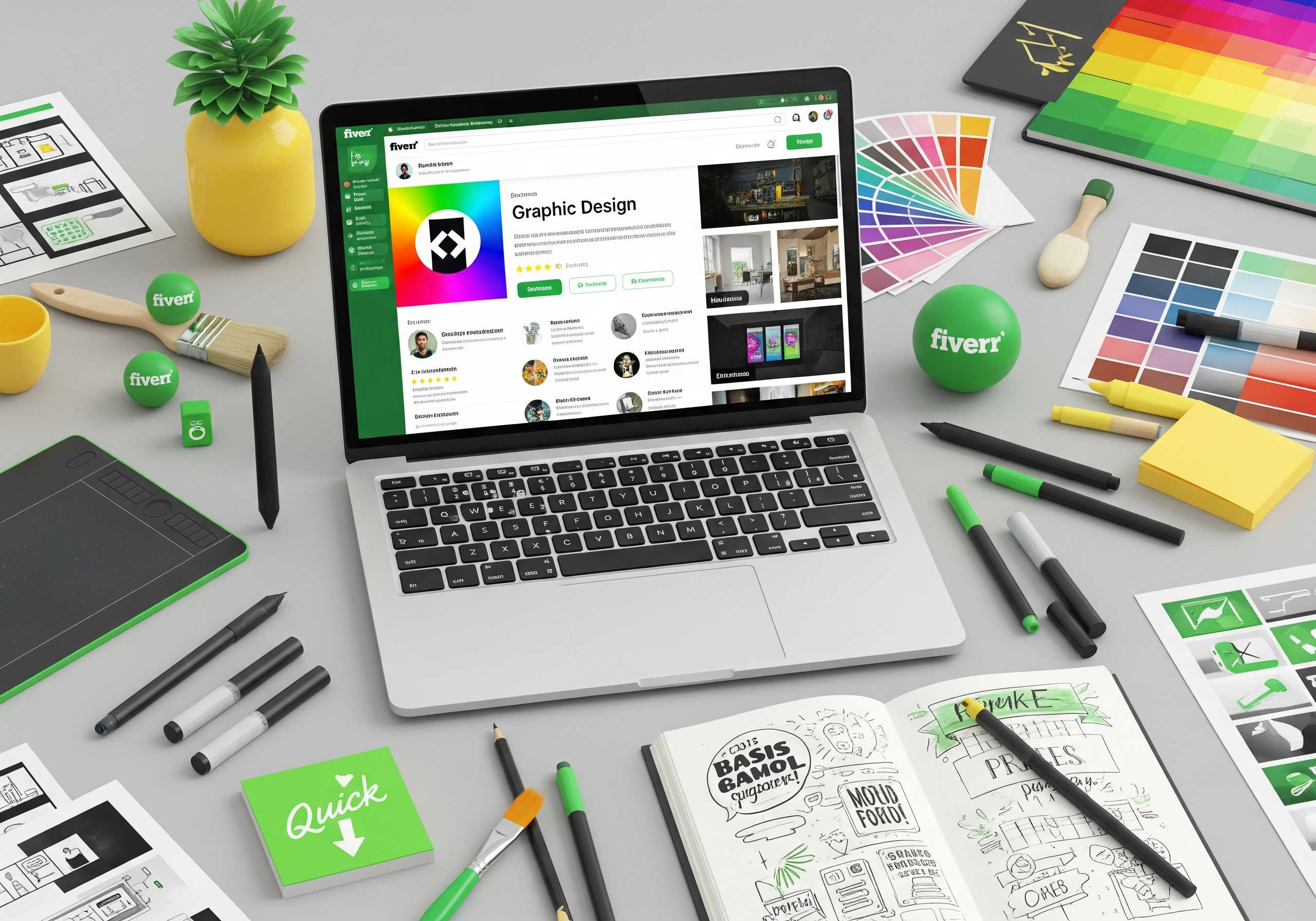 Fiverr Success Guide - Creative workspace with Fiverr gig optimization strategies