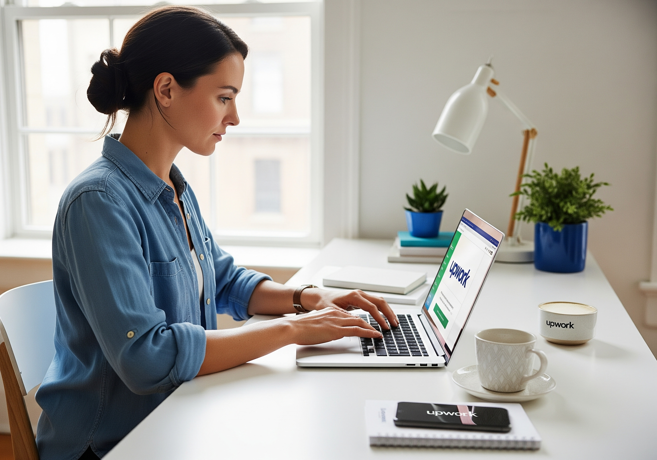 Upwork Success Guide - Professional freelancer working on laptop with Upwork interface